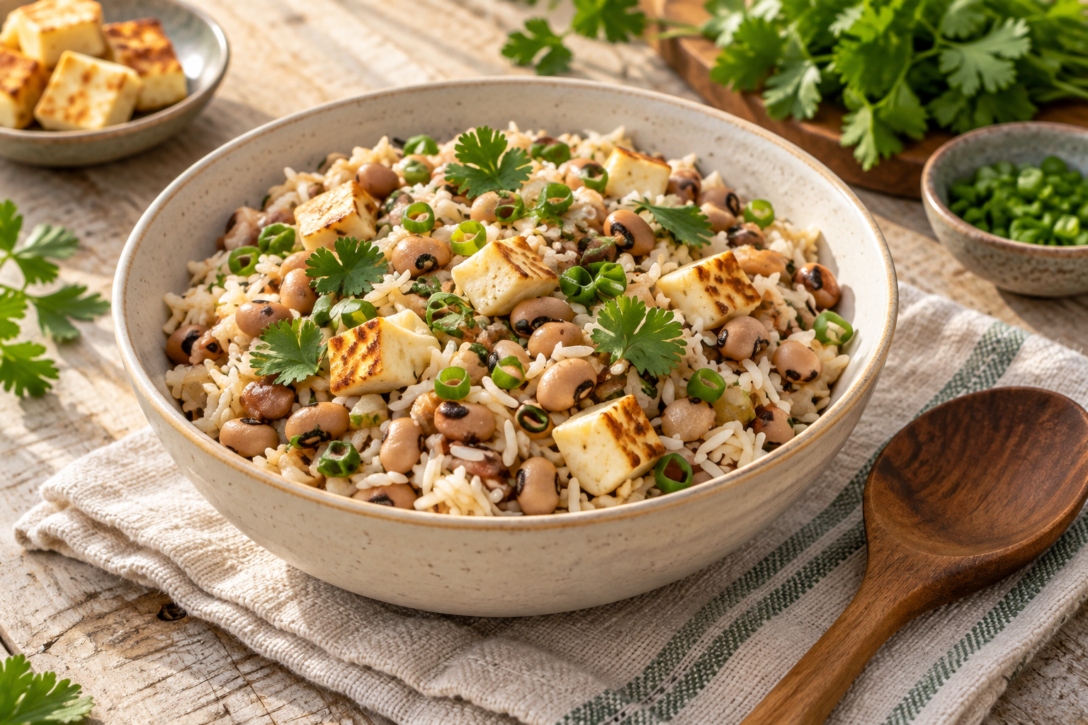 Sugestão de preparo: baião de dois com feijão-de-corda, arroz, queijo e ervas