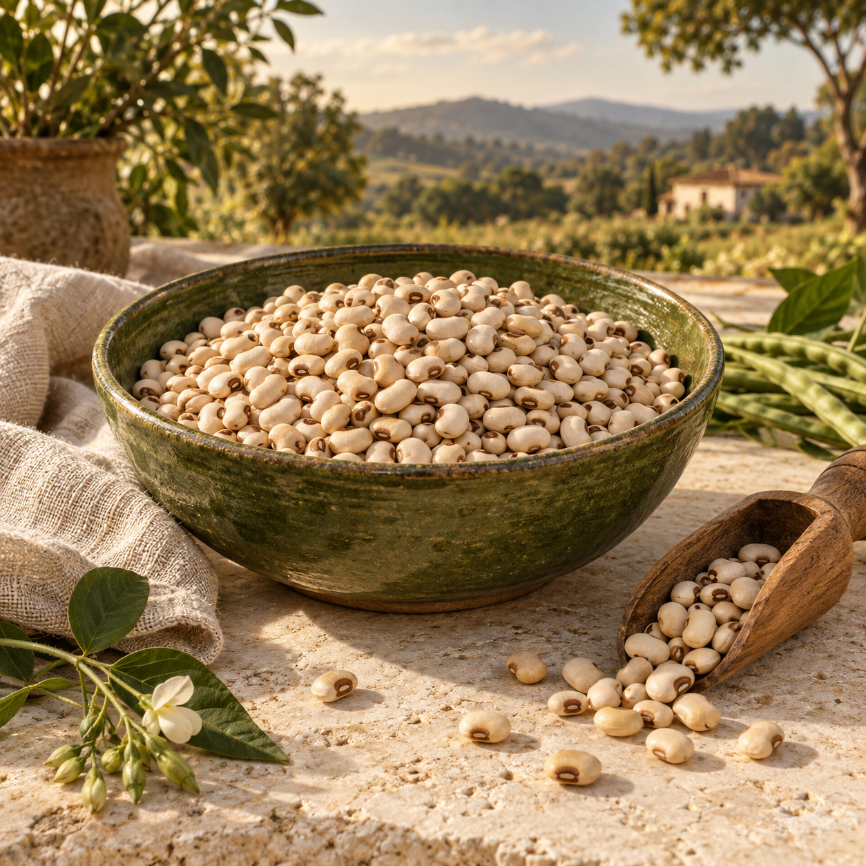 Composição ilustrativa de feijão-de-corda em uma tigela artesanal